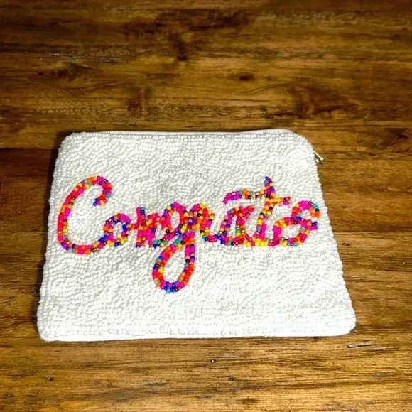 NWOT Congrats Multi Color Beaded Coin Zippered Pouch Bag Purse Shirdee - Picture 1 of 8